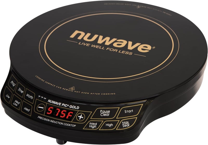 Nuwave موقد كهربائي محمول بدقة ذهبية، كبير 8 بوصة، ملف تسخين 12 بوصة زجاج سيراميك مقاوم للكسر، 51 إعداد درجة حرارة من 100°F - 575°F، 3 إعدادات واط 600، 900، و 1500 واط (مجددة) - Image 1